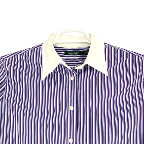 Lauren Ralph Lauren Button Shirt Womens Petite L Purple Striped Stretch Long Sle - Picture 3 of 6